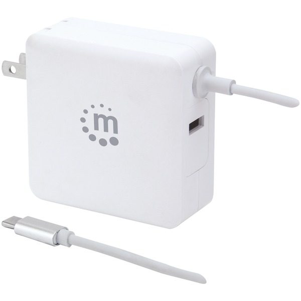 Manhattan 180245 60-Watt Power Delivery Wall Charger with Built-in USB-C Cable (White)