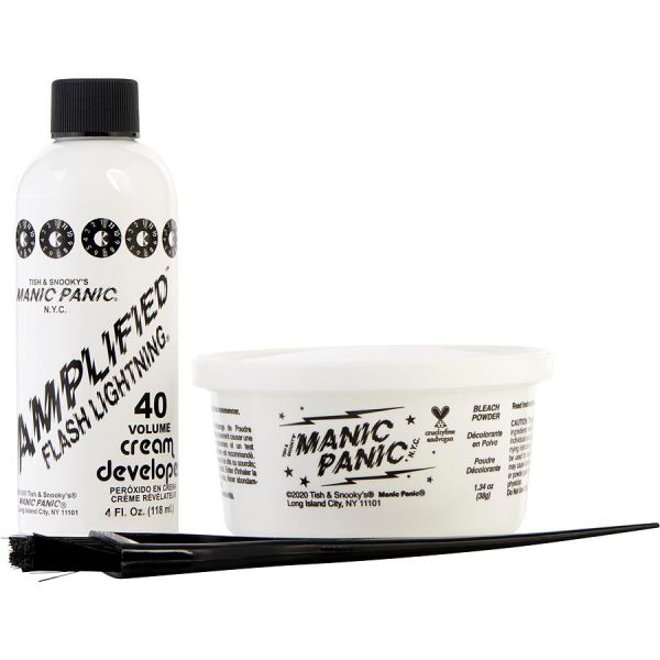 AMPLIFIED FLASH LIGHTENING SUPER STRENGTH BLEACH KIT: BLEACH POWDER & 40 VOLUME CREAM DEVELOPER & MIXING TUB & TINT BRUSH & PLASTIC CAP & PLASTIC GLOVES & INSTRUCTION BOOKLET - MANIC PANIC by Manic Panic