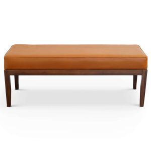 Austin Mid Century Modern Solid  Dark Tan Leather Bench