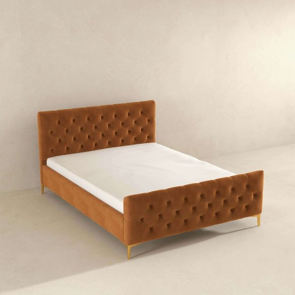 Bailey  Mid Century Modern Queen// King Cognac Velvet Upholstered Platform Bed