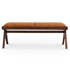 Chad  Mid Century Modern Tan Leather Bench