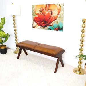 Chad  Mid Century Modern Tan Leather Bench