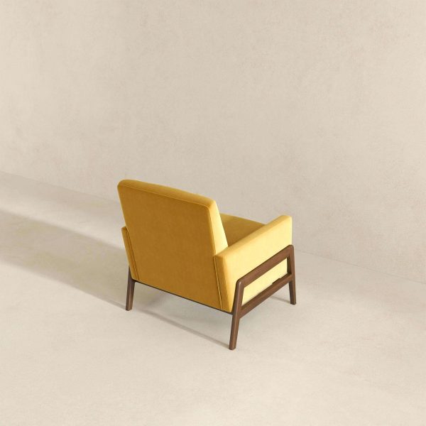 Cole Mid-Century Modern Solid Wood  Dark Yellow Velvet Lounge Chair