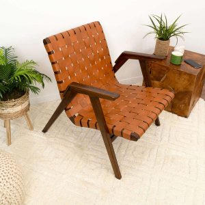 David Genuine Leather Teak Lounge Chair