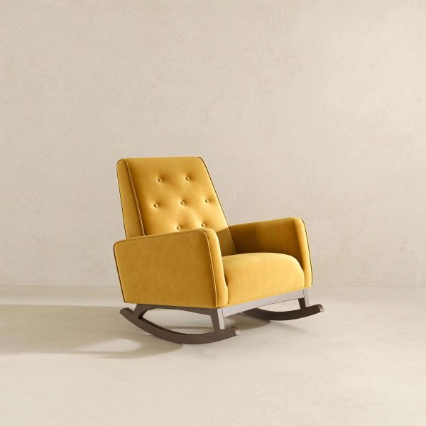 Demetrius Mid-Century Modern Dark Yellow Velvet  Solid Wood Rocking Chair