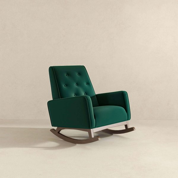 Demetrius Mid-Century Modern Green Velvet  Solid Wood Rocking Chair