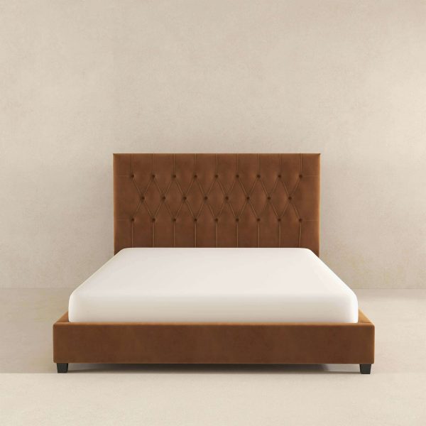 Donald Mid Century Modern Cognac  Velvet Platform Bed