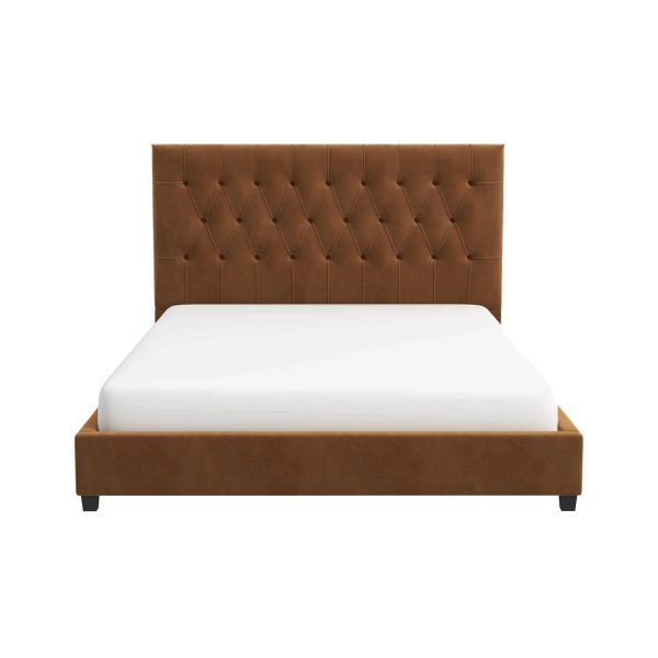 Donald Mid Century Modern Cognac  Velvet Platform Bed