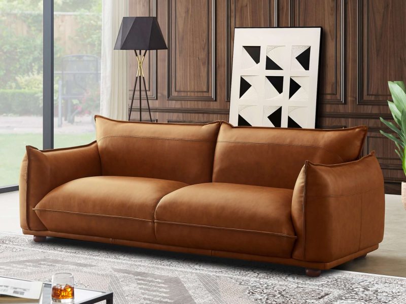 Emma Mid Century Modern Luxury Cognac Leather Sofa