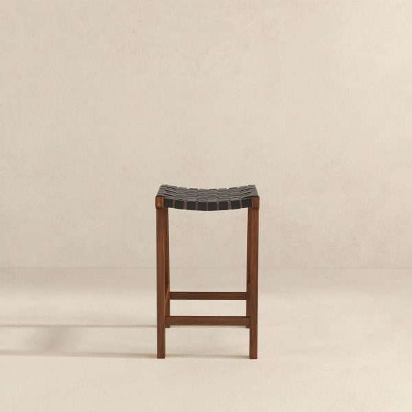 James Mid-Century Modern Black Genuine Leather Bar Stool