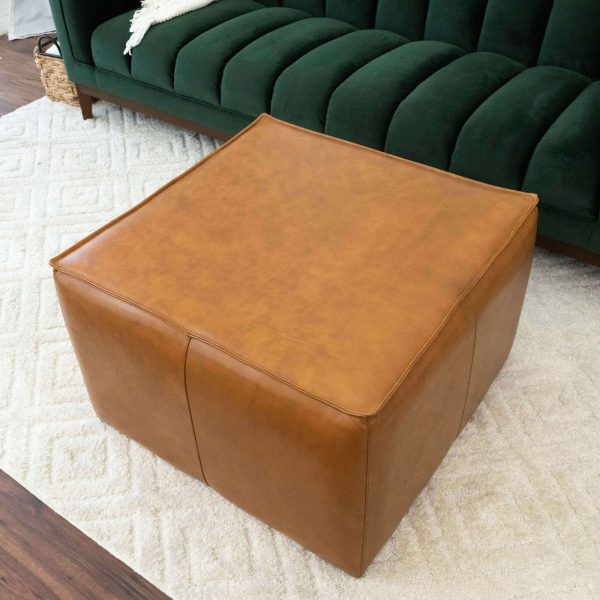 Mallory Mid-Century Square Genuine Leather Upholstered Ottoman in Tan