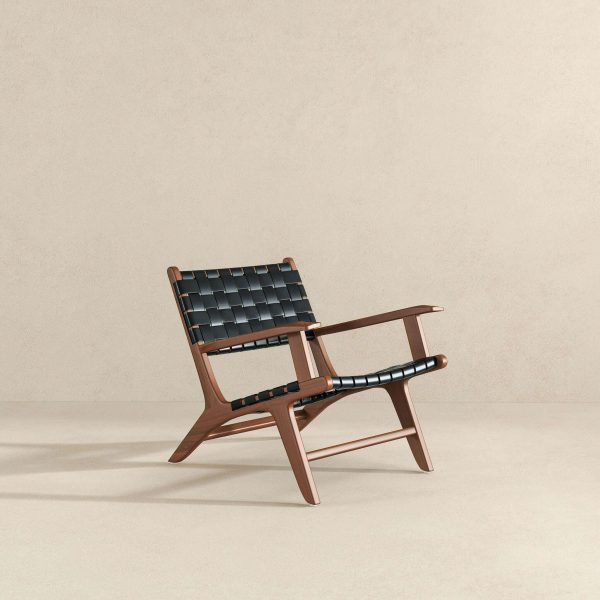 Melody Black Strap Leather Teak Wood Lounge Chair