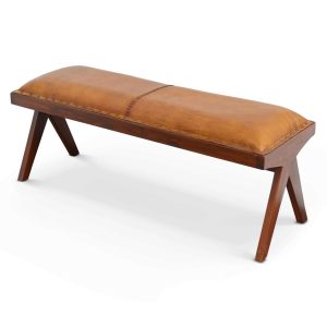 Chad Mid Century Modern Tan Leather Bench