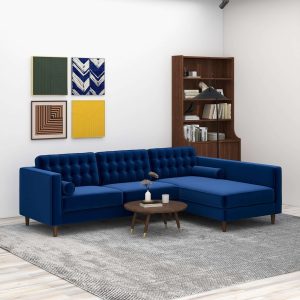 Christian  Blue Velvet Sectional Sofa Right Facing