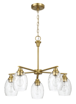 Elegance Five Lights Linear Arms with Golden Brass Finish Chain Chandelier 24"W × 8.5"H with Clear Water Glass