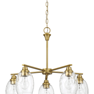 Elegance Five Lights Linear Arms with Golden Brass Finish Chain Chandelier 24"W × 8.5"H with Clear Water Glass