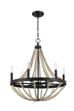 Starry Wood Chandelier Farmhouse Six Candle Light Wood Beaded Black Pendant Light for Dining Room