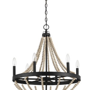 Starry Wood Chandelier Farmhouse Six Candle Light Wood Beaded Black Pendant Light for Dining Room