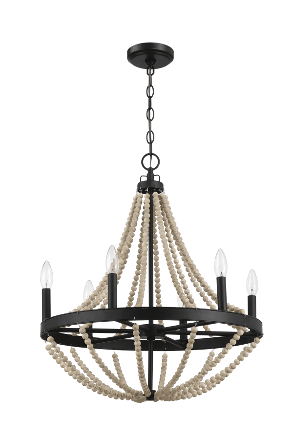 Starry Wood Chandelier Farmhouse Six Candle Light Wood Beaded Black Pendant Light for Dining Room