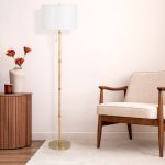 Gold Brass Metal and White Linen Shade Floor Lamp