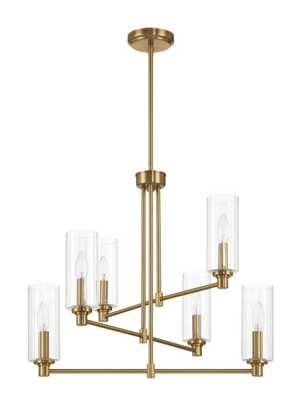 Timeless Six Lights Chandelier With Clear Ribbed Glass - Satin Brass